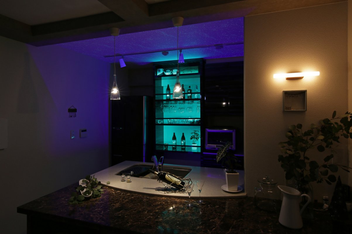 来客があっても盛り上がること間違いなしのキッチンスペース。目の前でおつまみをささっと作って提供できるのも嬉しい構造です。